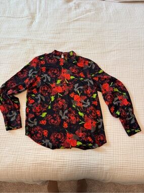 Wesc Black Blouse with Red Floral Print and Green Accents